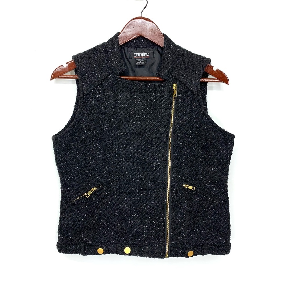 Spirited Randolph Duke Black Metallic Tweed Moto Vest With Gold Hardware